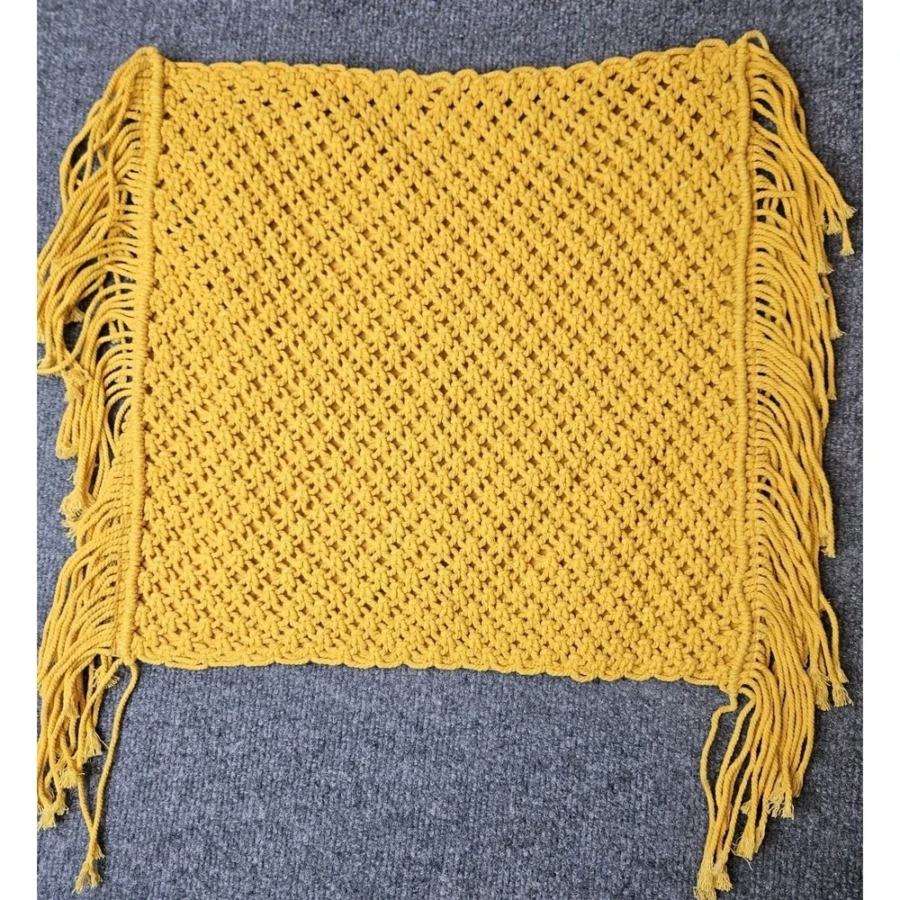 NWT Macrame Decorative Pillow Cover Yellow Fringe 15x15 Handmade Earthy India